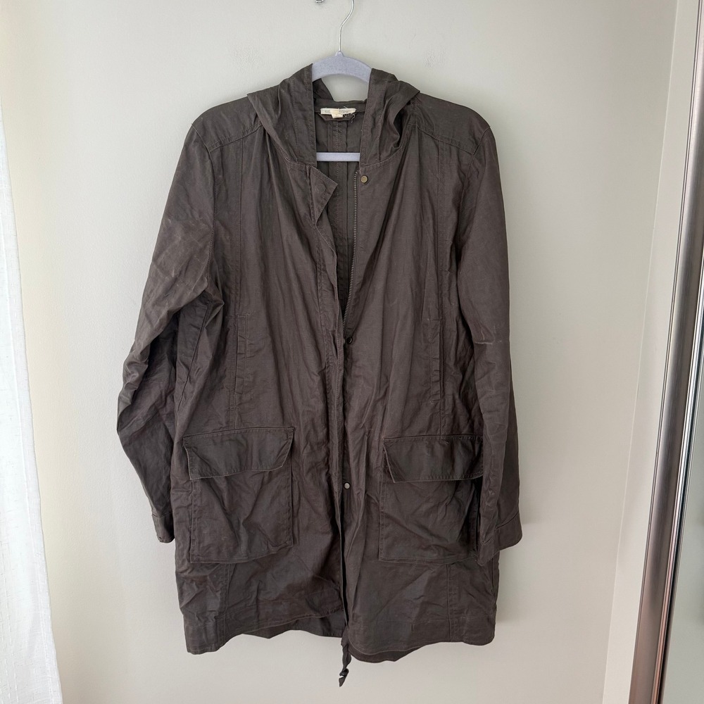 Eileen Fisher Organic Linen Hooded Parka Jacket Brown M RN 78121